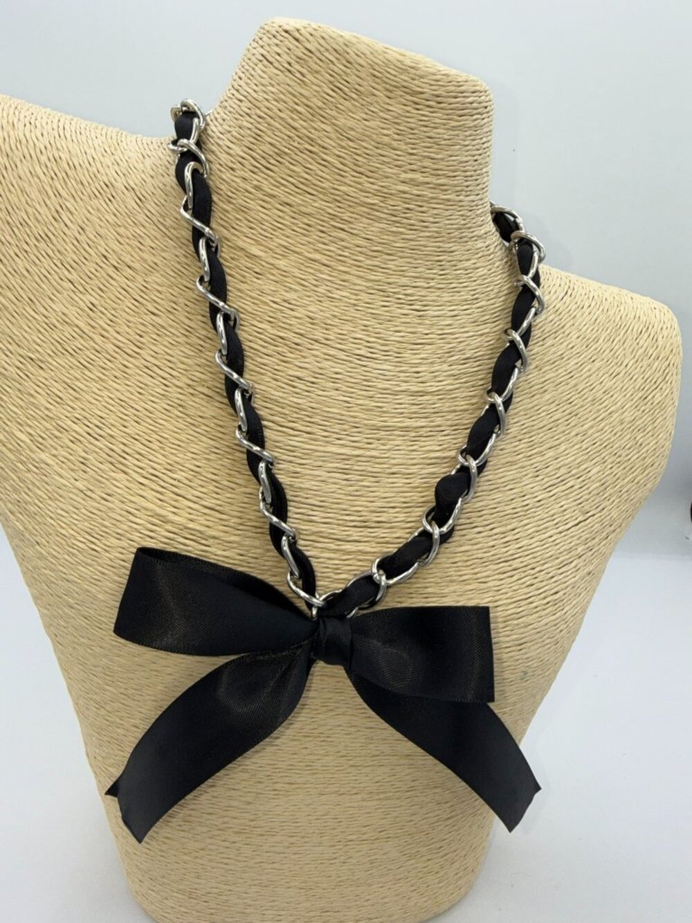 Black Ribbon Silver Tone Chain Bow Statement Necklace - Picture 2 of 8